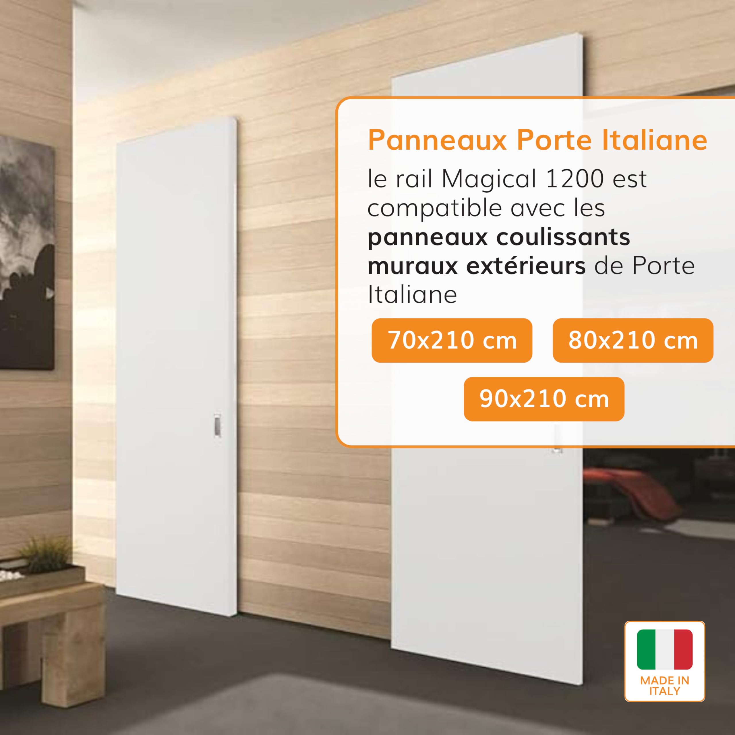 Porte Italiane, Rail porte coulissante invisible MAGICAL 1200, charge 60 kg, pour porte coulissante extérieure, mur en bois, largeur de 80 cm à 120 cm, kit avec mécanisme, accessoires et guide