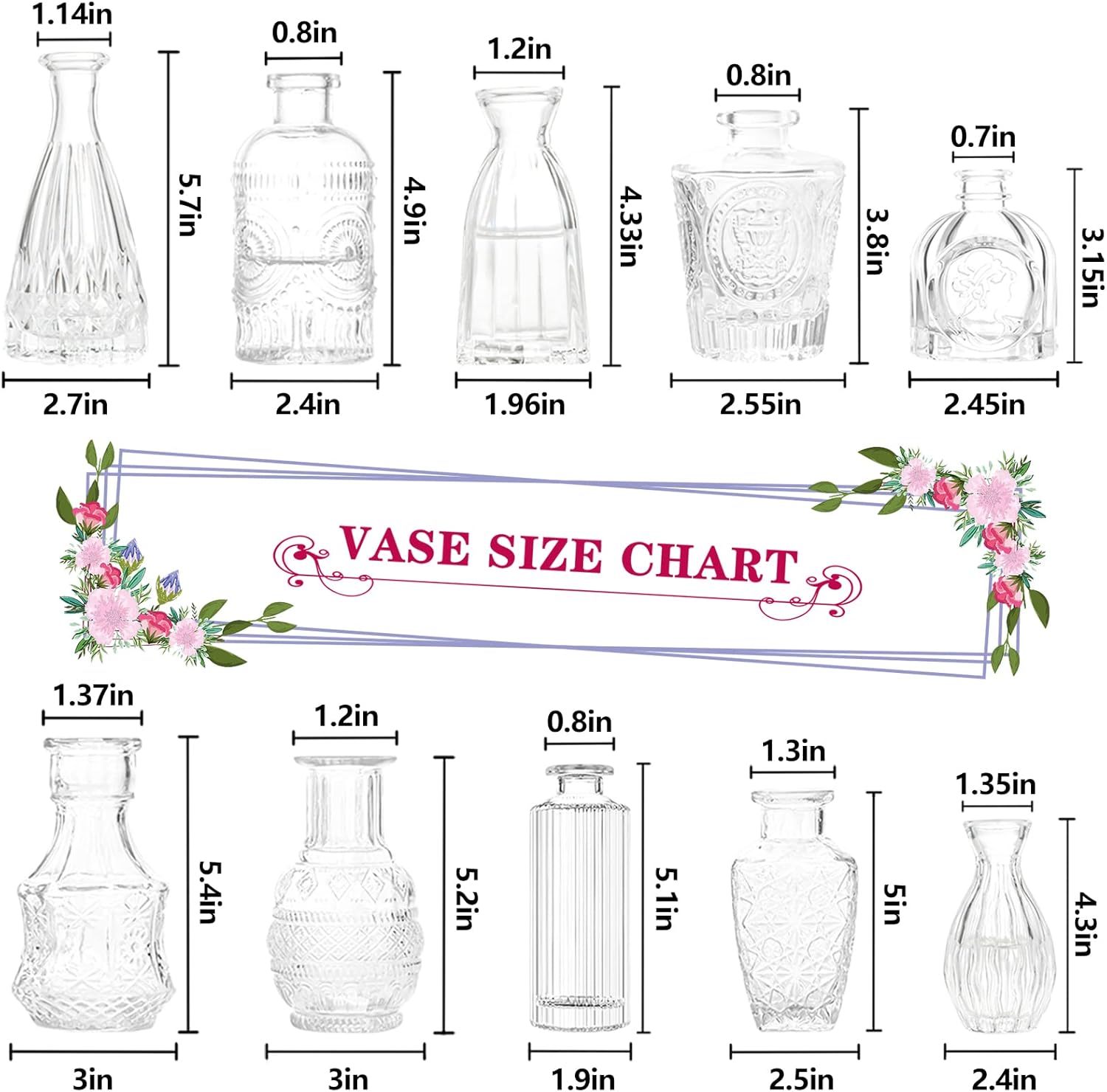 Bud Vases- Set of 10 Small Flower Glass Vases for Centerpieces, Cute Clear Crystal Bud Glass in Bulk, Mini Vintage Design for Wedding Decorations Party Table Flower Decor