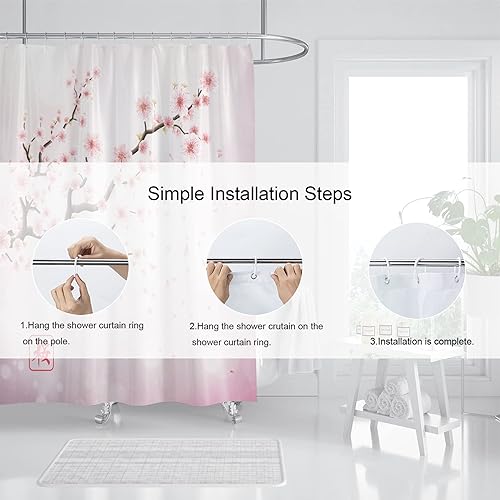 Miniatura 6 de Cortina de ducha con diseño de flor de cerezo rosa, juego de cortina de ducha japonesa Sakura floral, cortinas de ducha para baño, tela impermeable