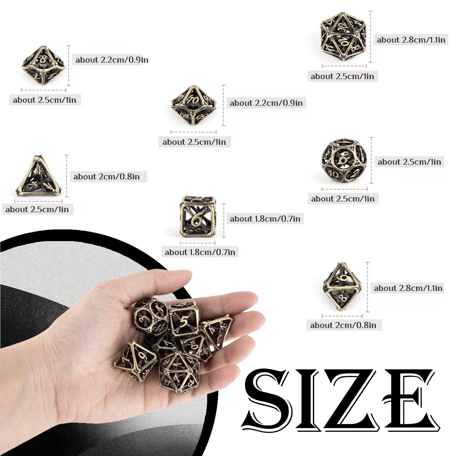 Ensemble de 7 Dés Creux en Métal, Dés Polyédriques pour Jeux de Rôle, Finition Jaune Os, Accessoires Élégants pour Jeux de Société, Décoration de Fêtes et Événements Spéciaux.