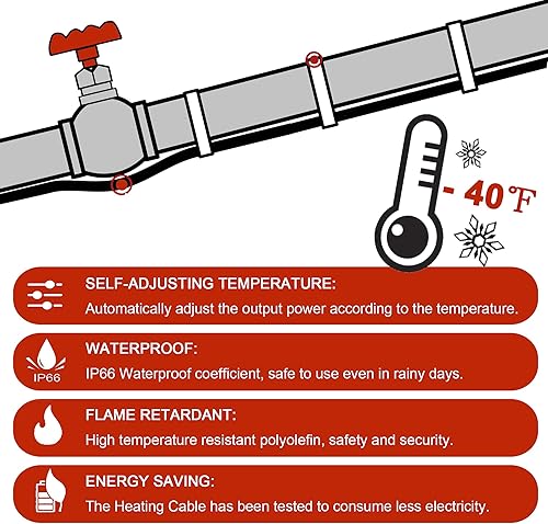 Miniatura 9 de Giraffe Tools Cable calefactor de 30 pies para tubería resistente, autorregulable, protección contra congelación para techos, tubos de agua de