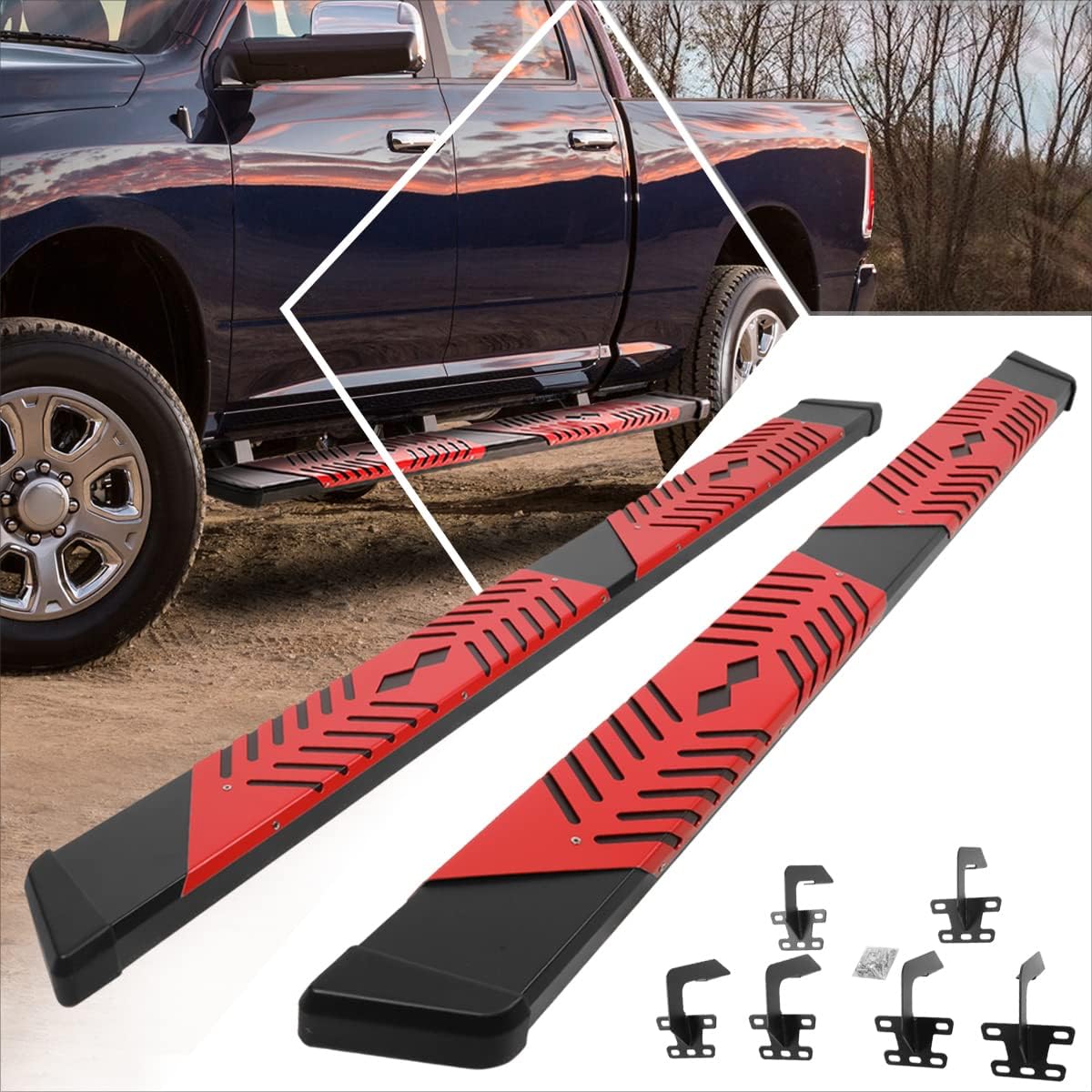 5.5 Inch Black Stainless Running Boards Side Step Bars w/Red Step Pad Compatible with 09-20 Ram Crew Cab 4-Door