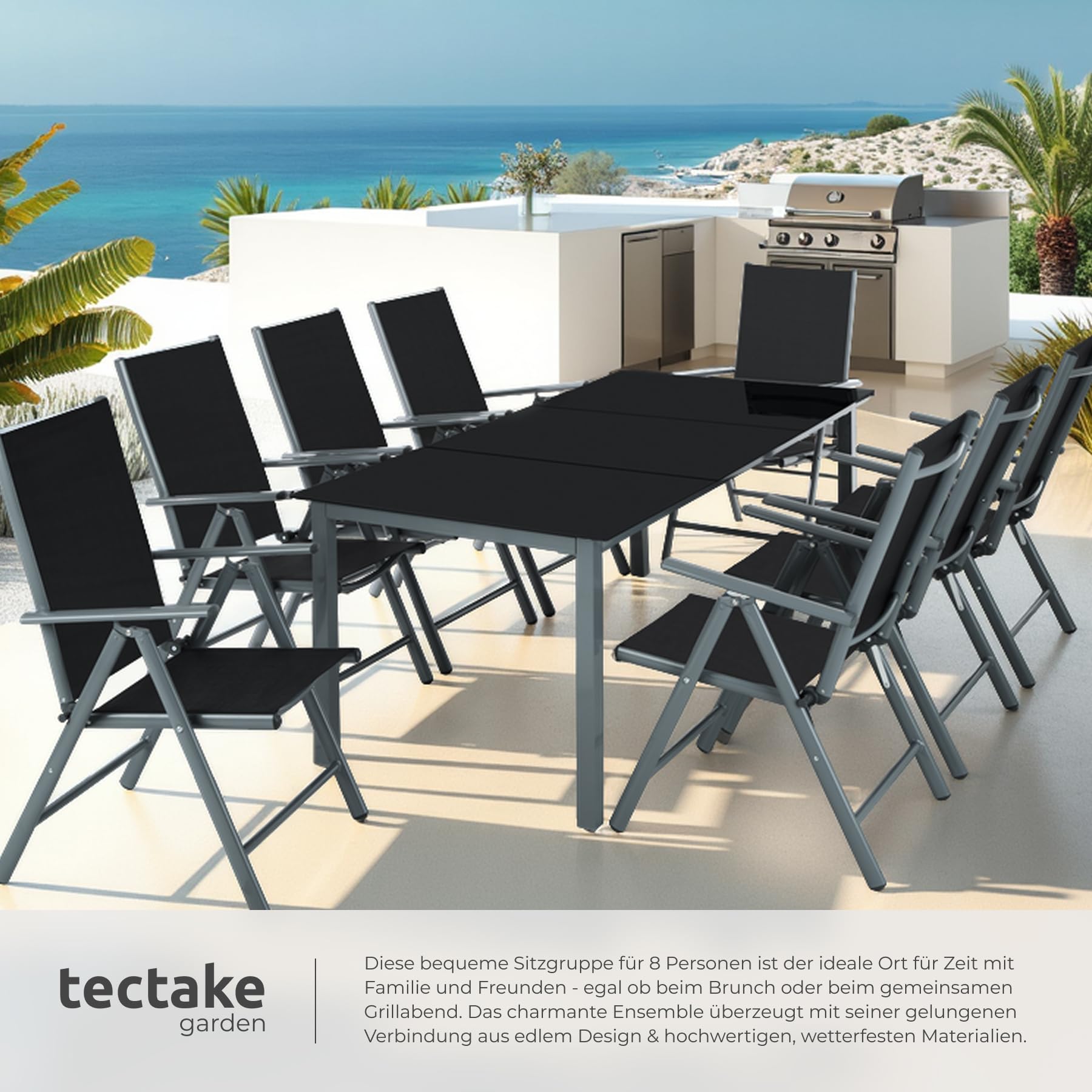 tectake® Aluminium Sitzgruppe 8+1, Gartenmöbel Set mit Stuhl und Tisch, klappbare Gartenstühle, Gartentisch mit Sicherheitsglas, wetterfeste Terrassenmöbel, für Garten Terrasse Balkon - anthrazit