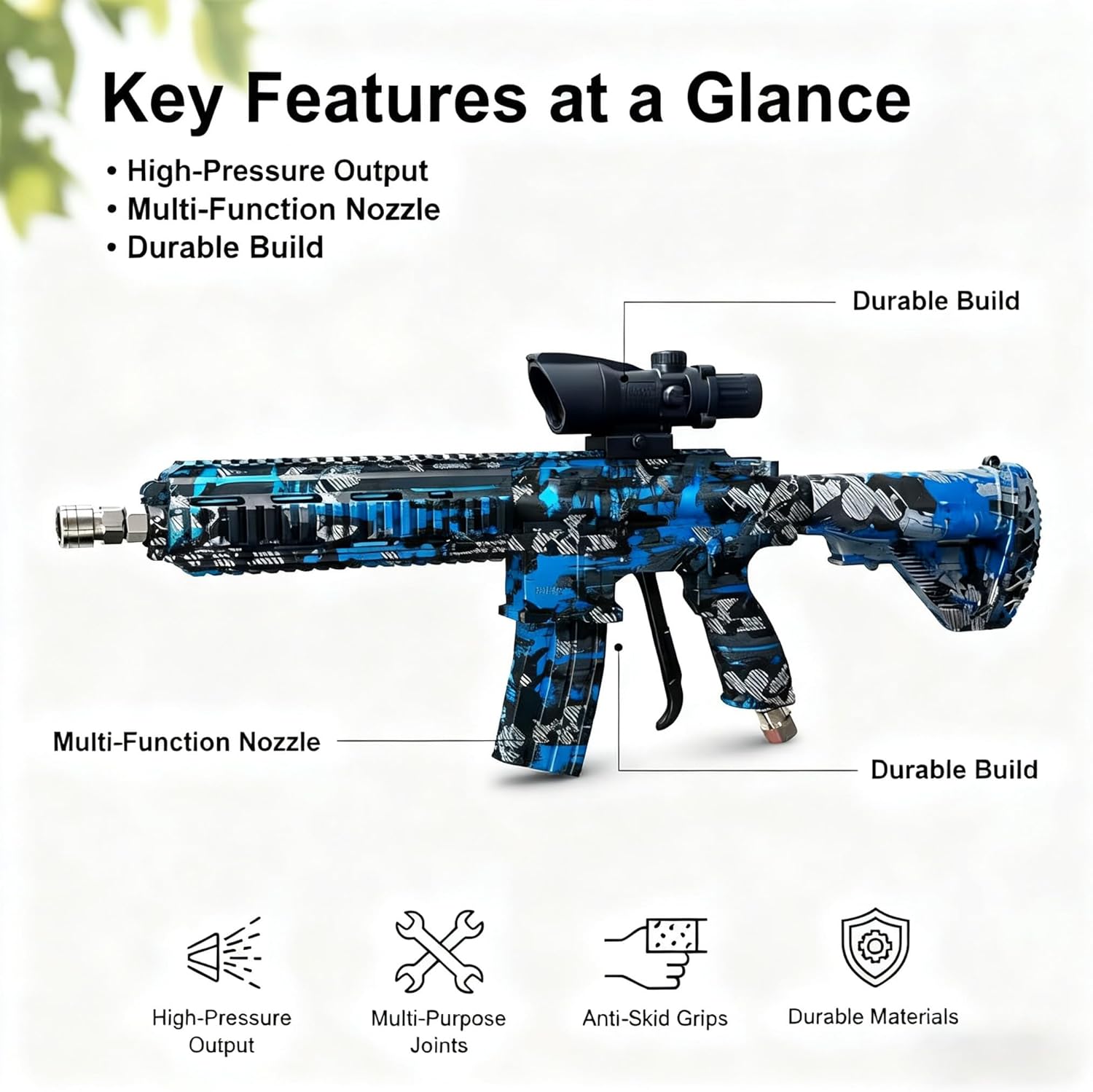 M416 Tactical Style 3600 PSI High Pressure Washer Gun - Foam Cannon Compatible with Swivel & 4 Nozzles - Airsoft Inspired Design for Car Cleaning & Outdoor Use (Blue)