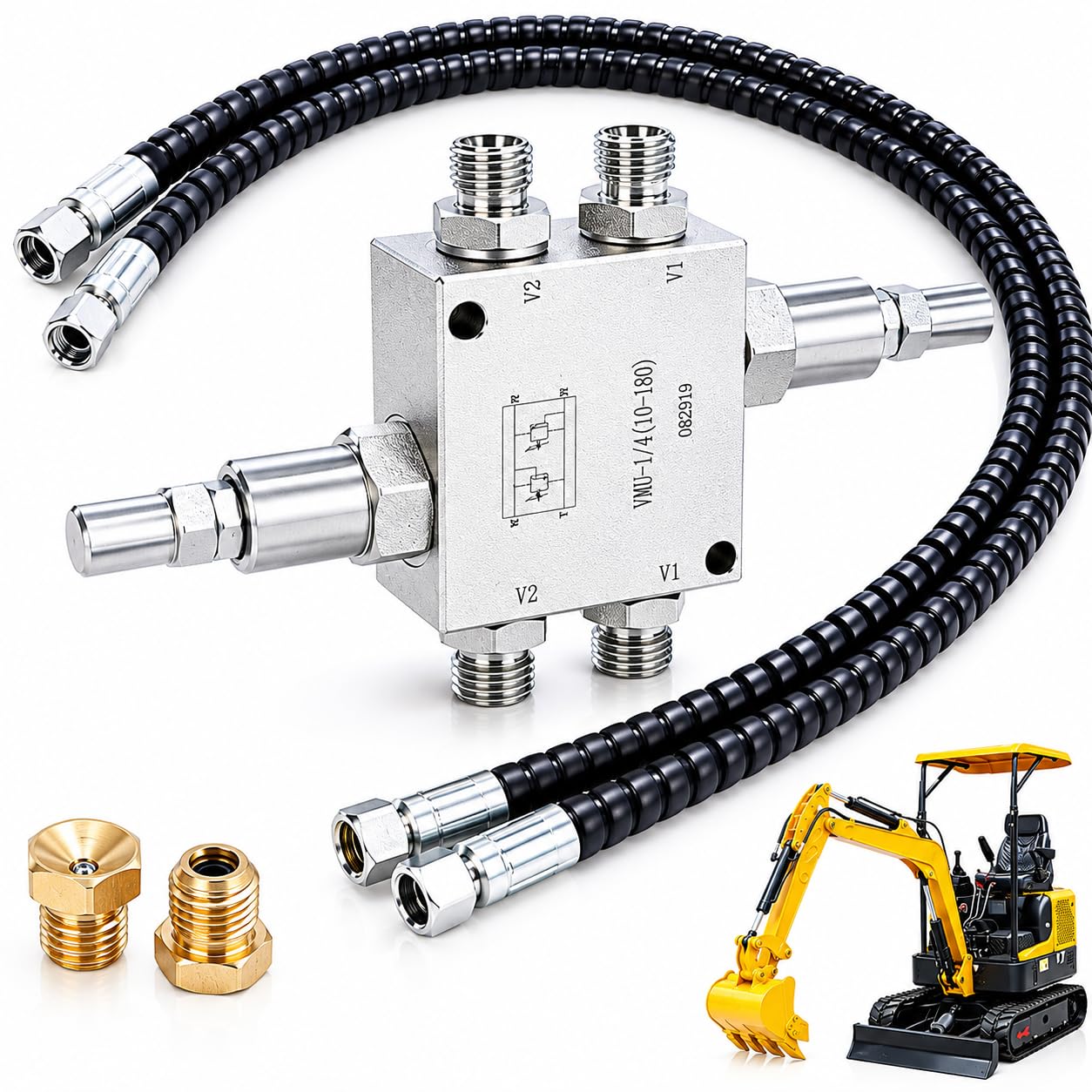 Minibagger-Dämpfungsventil-Set, hydraulische Schwenkmotor-Dämpfungsventile mit 1/4"-Hydraulikschläuchen und M14x1,5-Gewindeanschluss, kompatibel mit den meisten Minibaggern