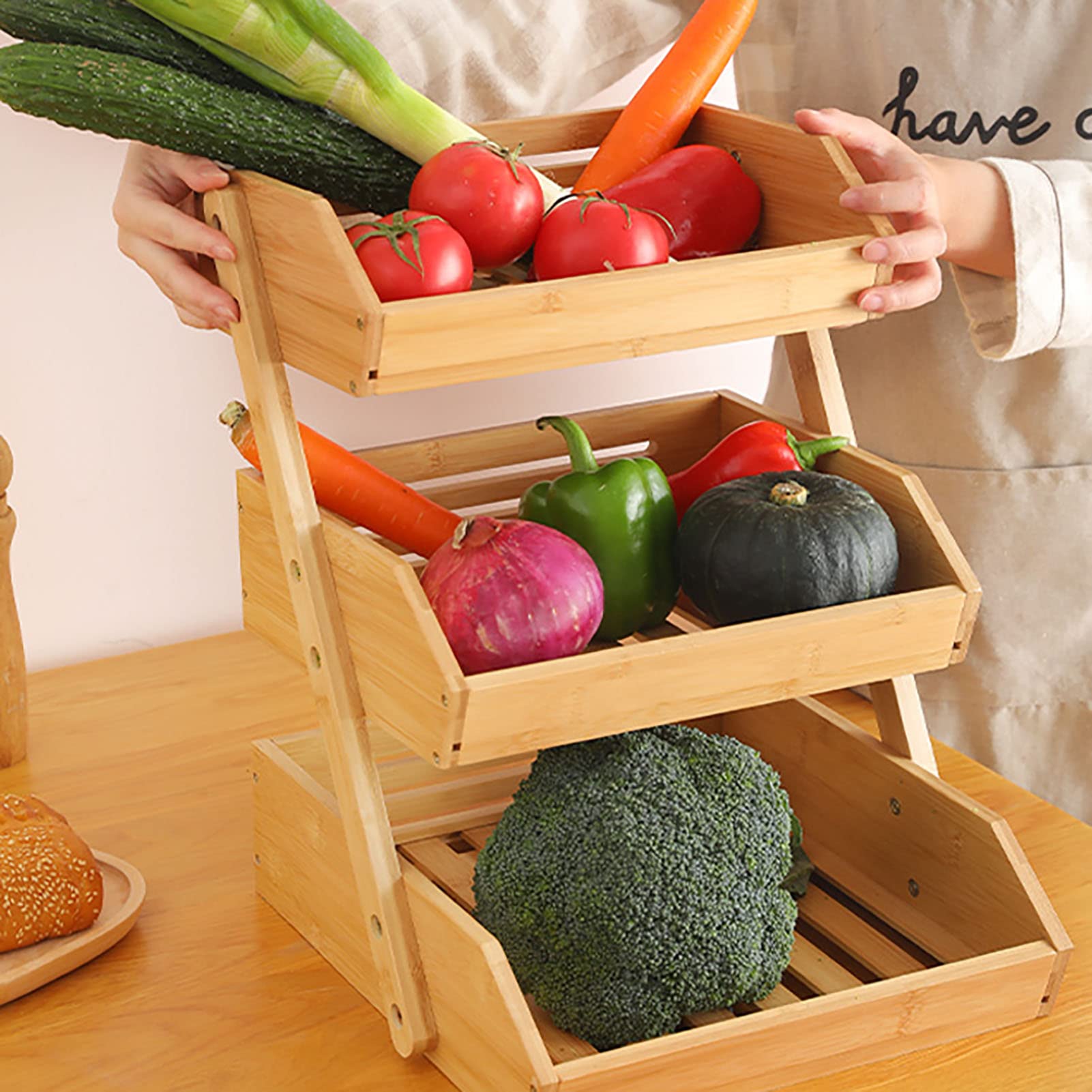 Tyenaza Corbeille à Fruits en Bambou à 3 Niveaux - Support de Bol à Légumes de Grande Capacité Pour Garde-manger de Cuisine, Pommes de Terre (30 * 33 * 41cm)