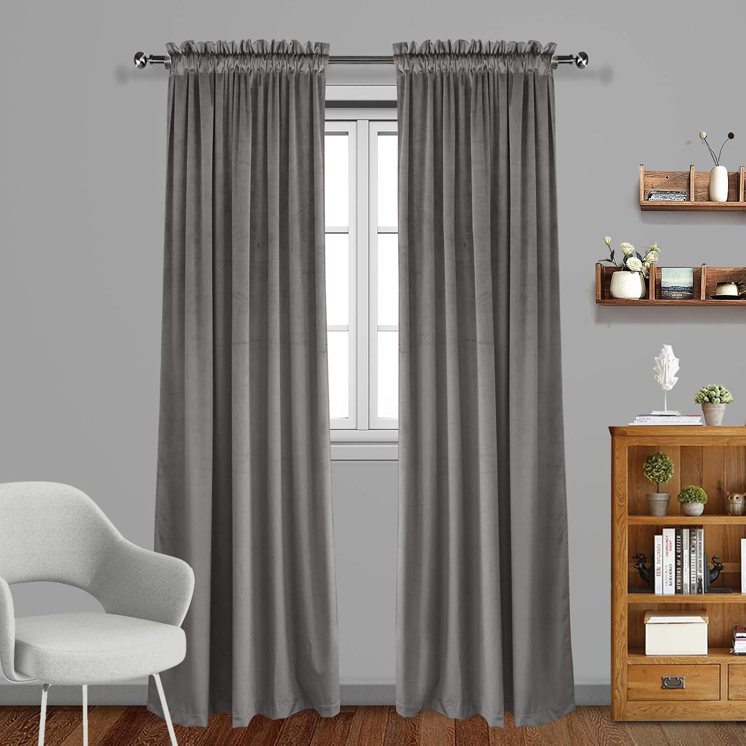 Eamior Room Darkening Velvet Curtain Panels - Soft and Elegant Heavy Matt Velvet Panels/Drapes for Home Theater with Rod Pocket Design (2 Panels, 96 inches Long, Light Gray)