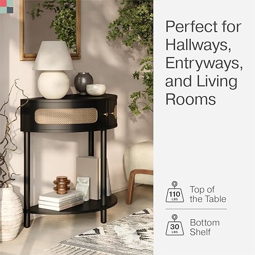 Vista 4 de Rattan Half Moon Shaped Small Entry Table, Console Desk with Storage for Narrow Spaces, Modern Home Decor, Cane Console Table, Solid Wood Entryway