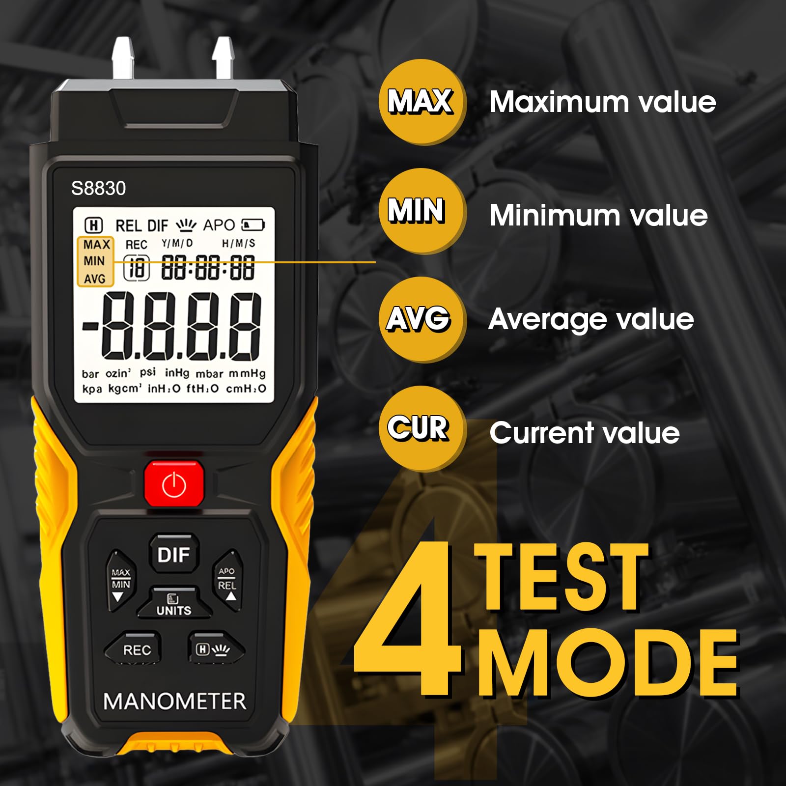 H HOLAPEAK Manómetro digital, ± 36,80 kPa, manómetro de gas HVAC para medir la presión diferencial de sobrepresión presión negativa, manómetro diferencial, 12 unidades seleccionables y 99 memorias de