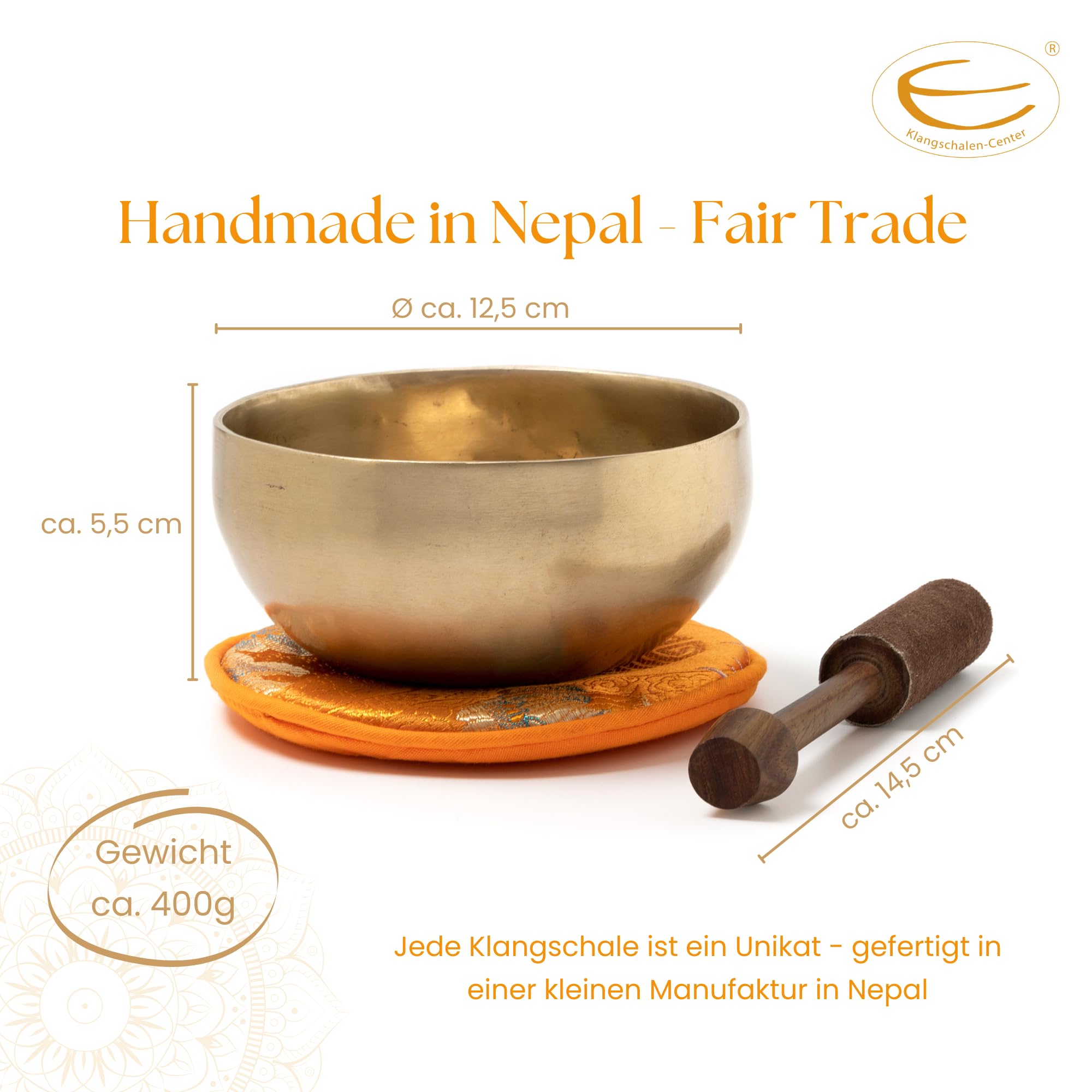 Tibetische Klangschale I ca. 400 g I für Achtsamkeit, Yoga, Meditation, Grundschule, Kindergarten I Inkl. Klöppel/Pad I Handgeschmiedet I Fair Trade aus Nepal