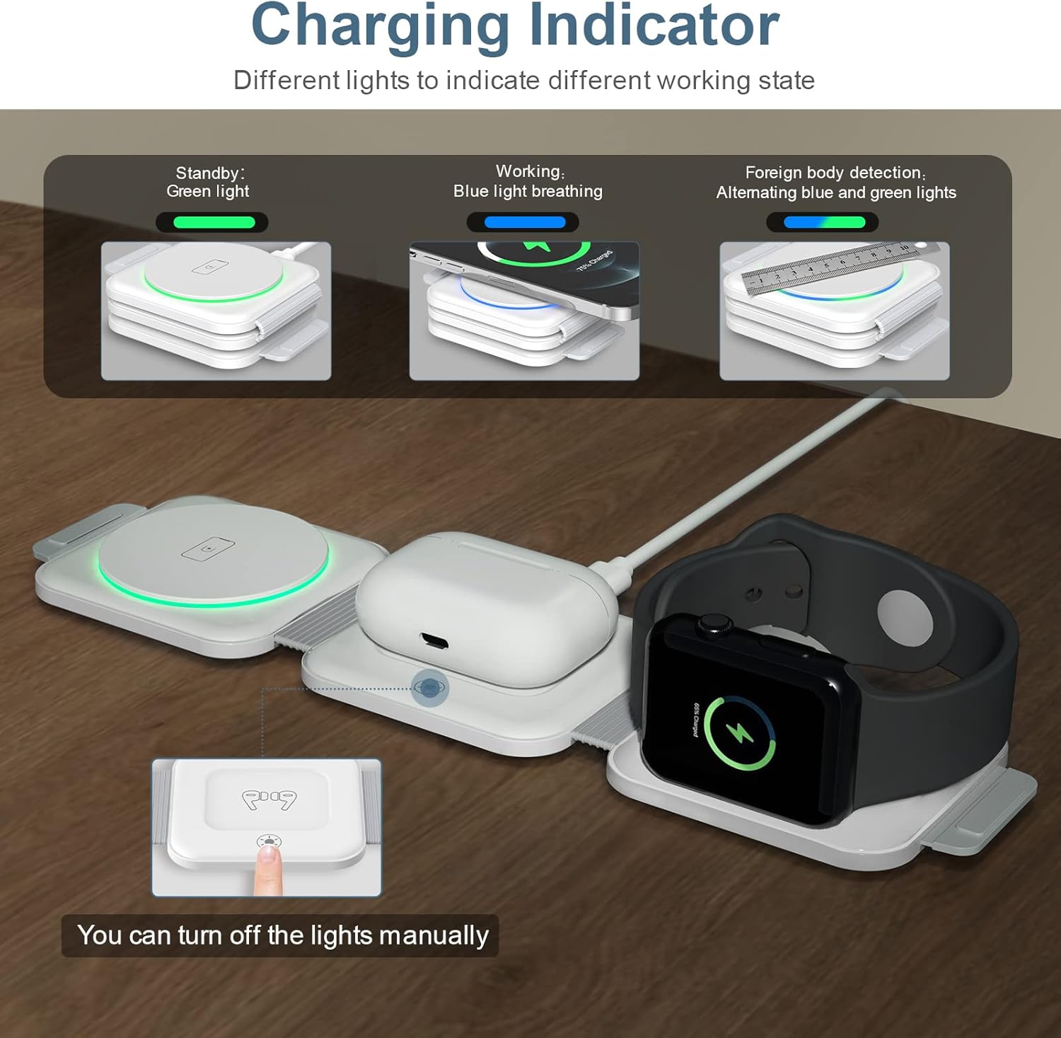 Charging indicator lights on the Ankilo 3-in-1 charger, showing green for standby, blue breathing for charging, and a button to turn off the light.