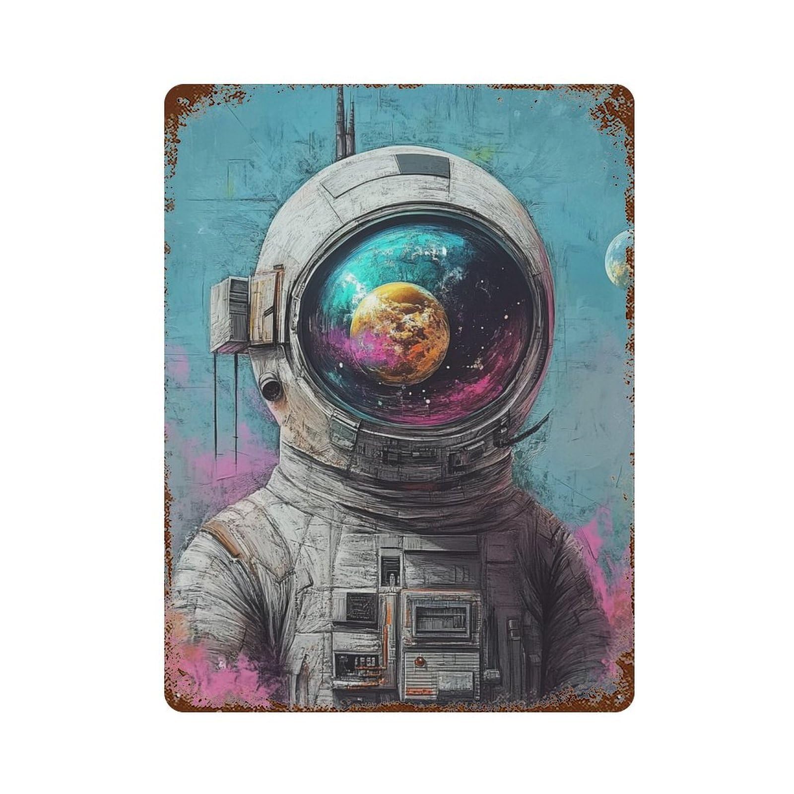 Distressed Metal Wall Sign Space Astronaut Helmet Art Print -1 15.7"x11.8", Vintage Wall Decor for Cafe, Home Bar And Lounge Decor