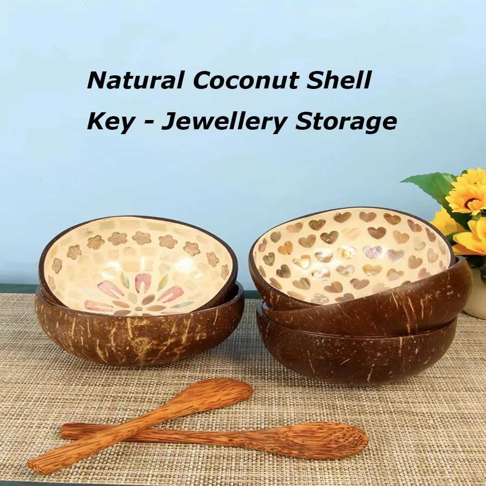 Hiseng Bol En Noix De Coco Imprimé Feuille,Bol De Coquille De Noix De Coco Naturelle - Bol De Stockage Réutilisable,Bol De Décoration, Pour Des Clés, Bijoux,Noix,Bonbons (Rouge