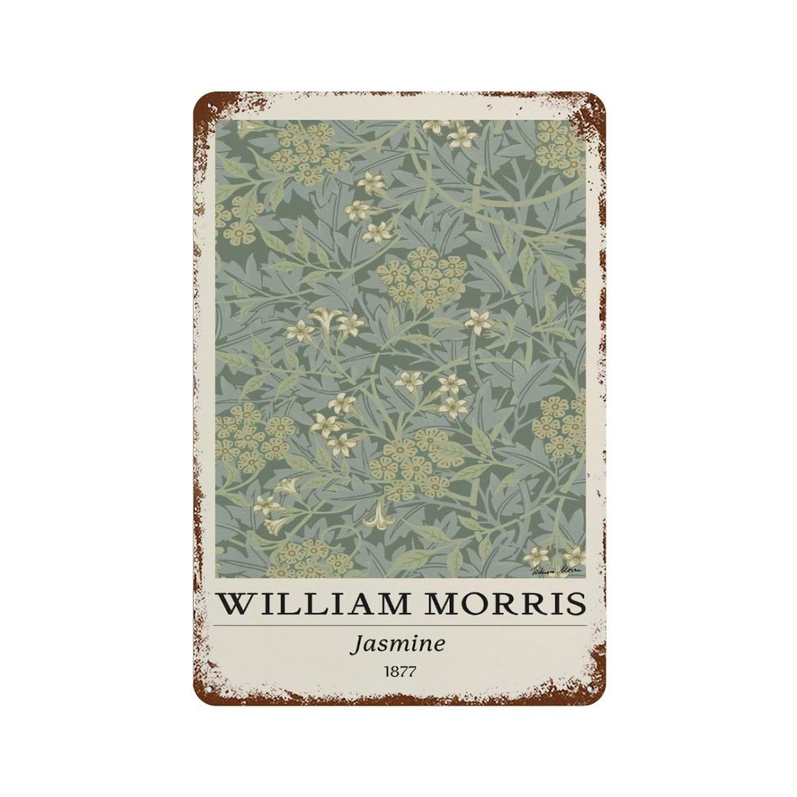 Garage Style William Morris Jasmine Flower Distressed Metal Wall Sign 11.8"x7.9", Shabby Chic Decor for Bar And Workshop