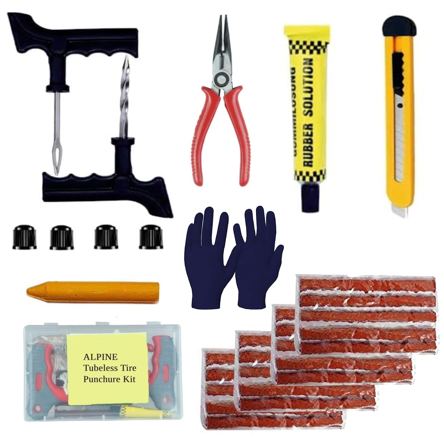 Alpine Motors Tubeless Tyre Puncture Kit 9in1 with Box | Emergency Solution for All Types of Cars,Bikes (1Reamer, 1Probe, 1Rubber Glue, 20Pcs Strips, 1Piler, 1Knife, 4Nozle Cap, 2Gloves, Chalk)
