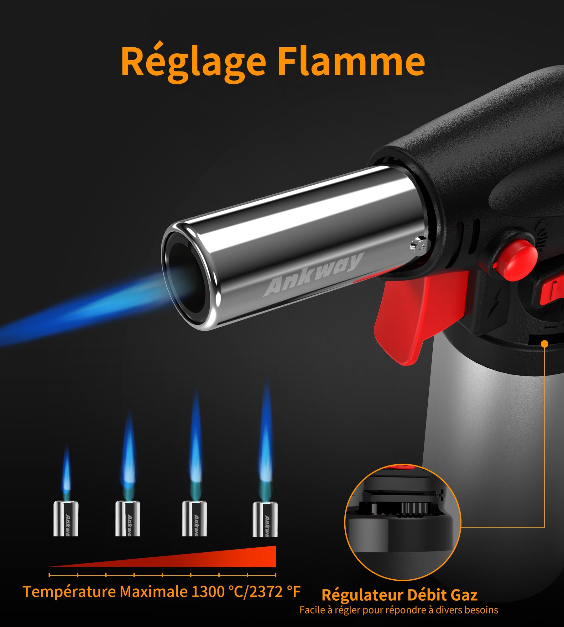 Ankway Chalumeau de Cuisine Rechargeable avec Verrouillage de Sécurité et Flamme Réglable, Argent