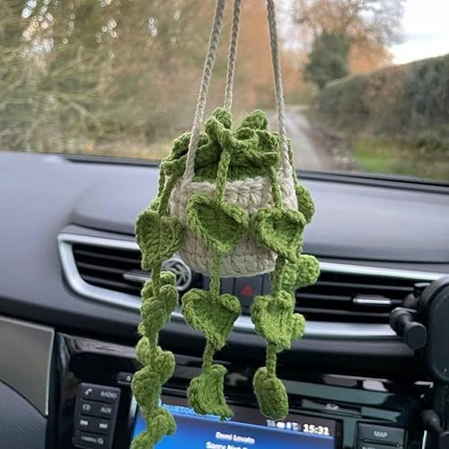 Accesorios de coche de ganchillo,Lindas plantas en maceta Crochet Car Mirror Hanging Accesorios,Accesorios de espejo retrovisor de punto hecho a