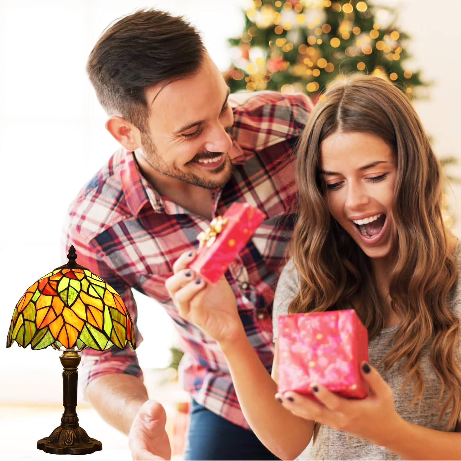 Tiffany Lamp Maple Leafs Stained Glass Bedside Nightstand Table Lamp,3-Way Color Temperature,Handcrafted Small Lamps for Living Room,Bedroom+LED Bulb,Home Decor Gifts,9X9X15Inch