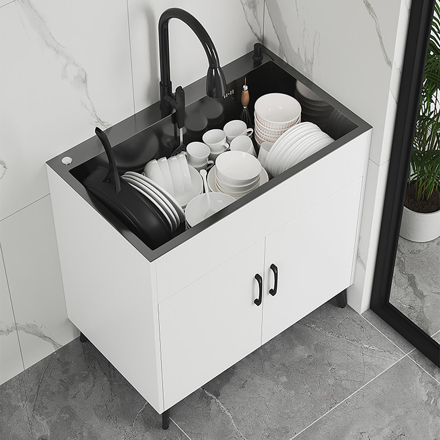 Length 28.3-32.2In Freestanding Utility Sink Kitchen Sink And Cabinet Combo,Laundry Sink Cabinet with Stainless Steel Sink And Pull-Down Faucet,for Laundry Room,Garage,White,L82*W45*H78cm