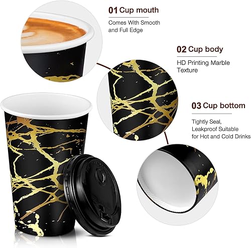 Miniatura 3 de Hommtina Tazas de café desechables con tapa con diseño de mármol dorado, juego de 74, taza de café de papel caliente de 16 onzas con tapas, para
