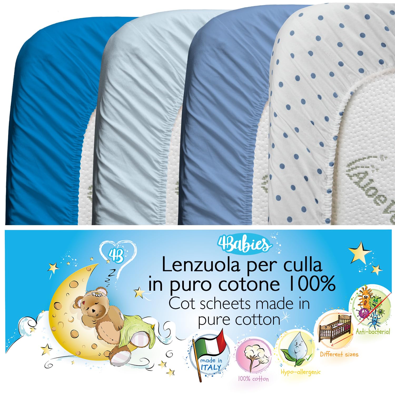4BABIES - Set 4 Lenzuola Lettino Neonato 60x120 - Lenzuolo con Angoli per Culla in Cotone 100% Morbido Traspirante - Made in Italy OEKO-TEX - Pois Blue, Smoke Blue, Azzurro e Blu