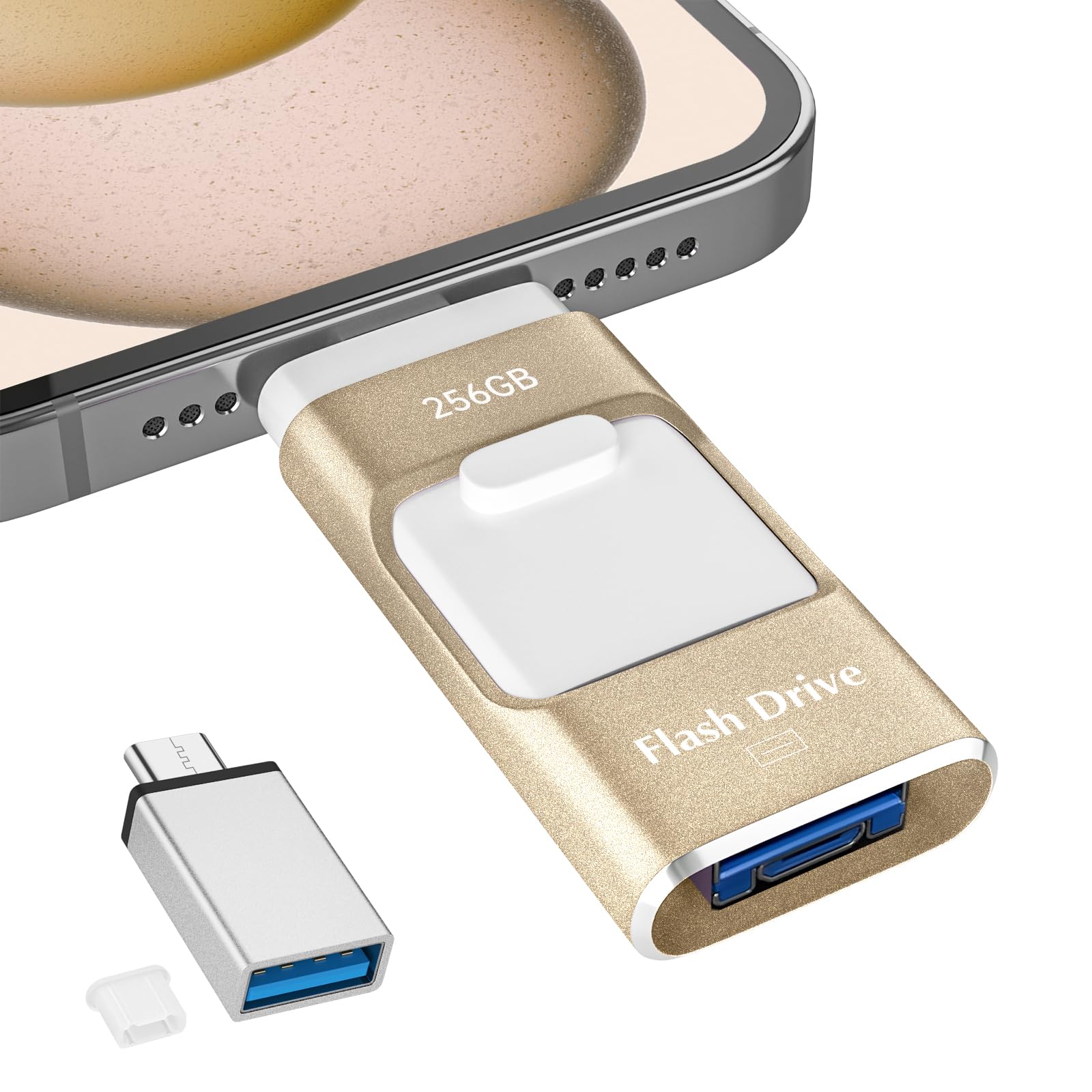 256GB USBメモリ 【アプリ不要・アルバムから写真保存】4in1 Phone スマホ データ保存 外付け USBメモリ iOS/Type-C/USB/Micro USB搭載 大容量 フラッシュメモリ 高速 データバックアップ 外付けストレージ スライド式 携帯容量不足解消 ゴールド - 1