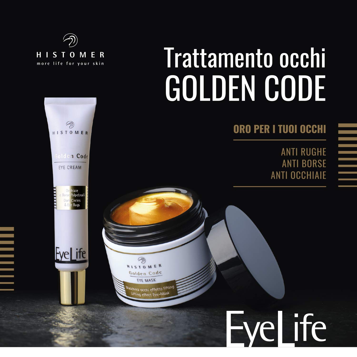 Histomer Maschera Occhi Golden Code Eye Mask, Maschera Contorno Occhi Antiage, Azione Mirata Anti Occhiaie e Borse, Antirughe con Oro Colloidale Puro, Bio Peptidi e Cellule Staminali Vegetali - 45 ml
