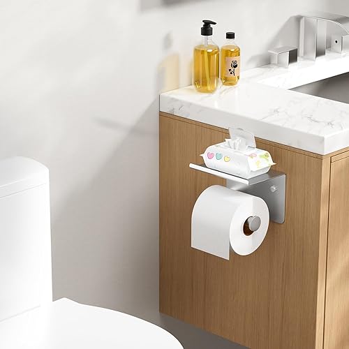 Miniatura 2 de FORIOUS Soporte de papel higiénico con estante, adhesivo o tornillo, soporte para rollo de papel higiénico para baño, soporte de papel higiénico