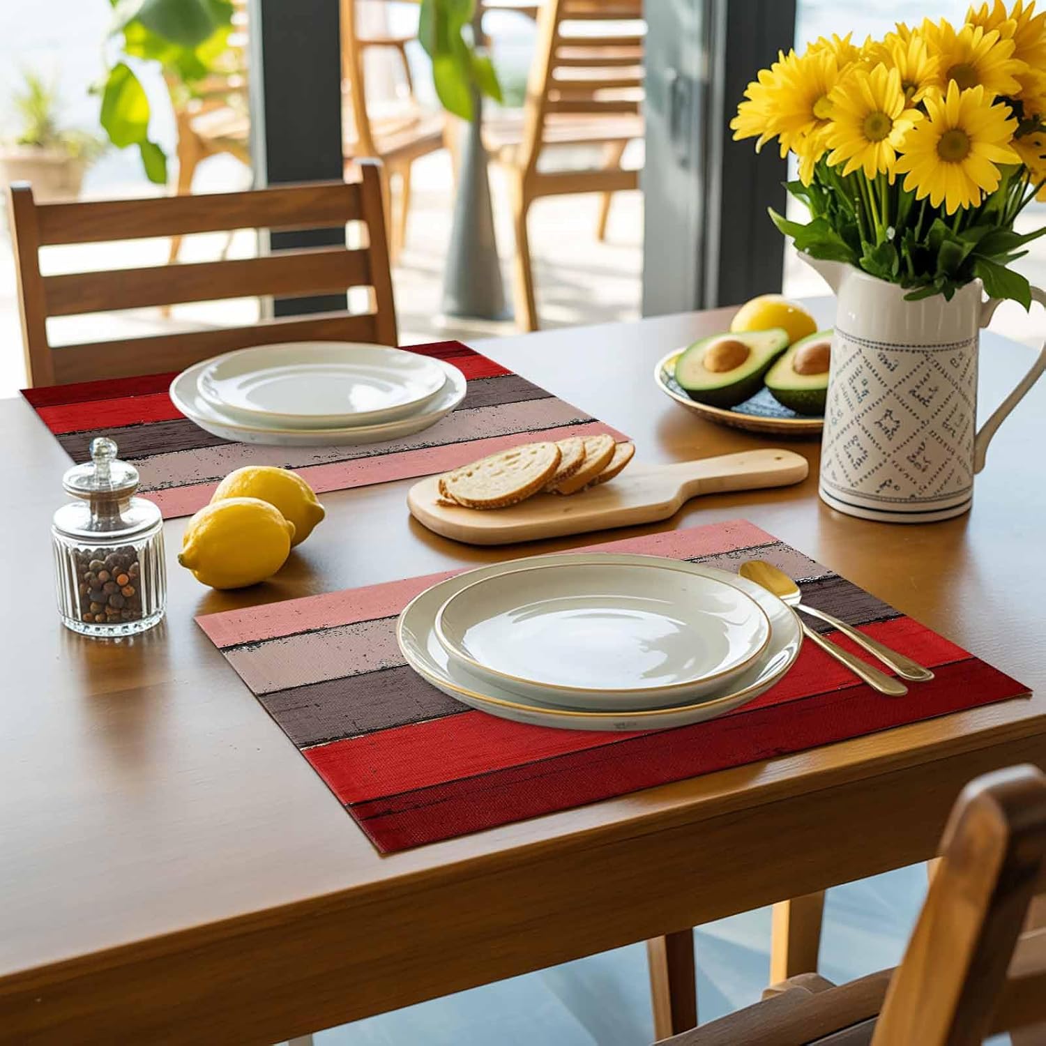 Placemats Set of 6 Cotton Linen Table Place Mat Vintage Abstract Red Grey Farm Bran Wooden Board Burlap Food Mat Waterproof Dinner Table Setting Table Mat Washable Cat Dog Pet Placemat