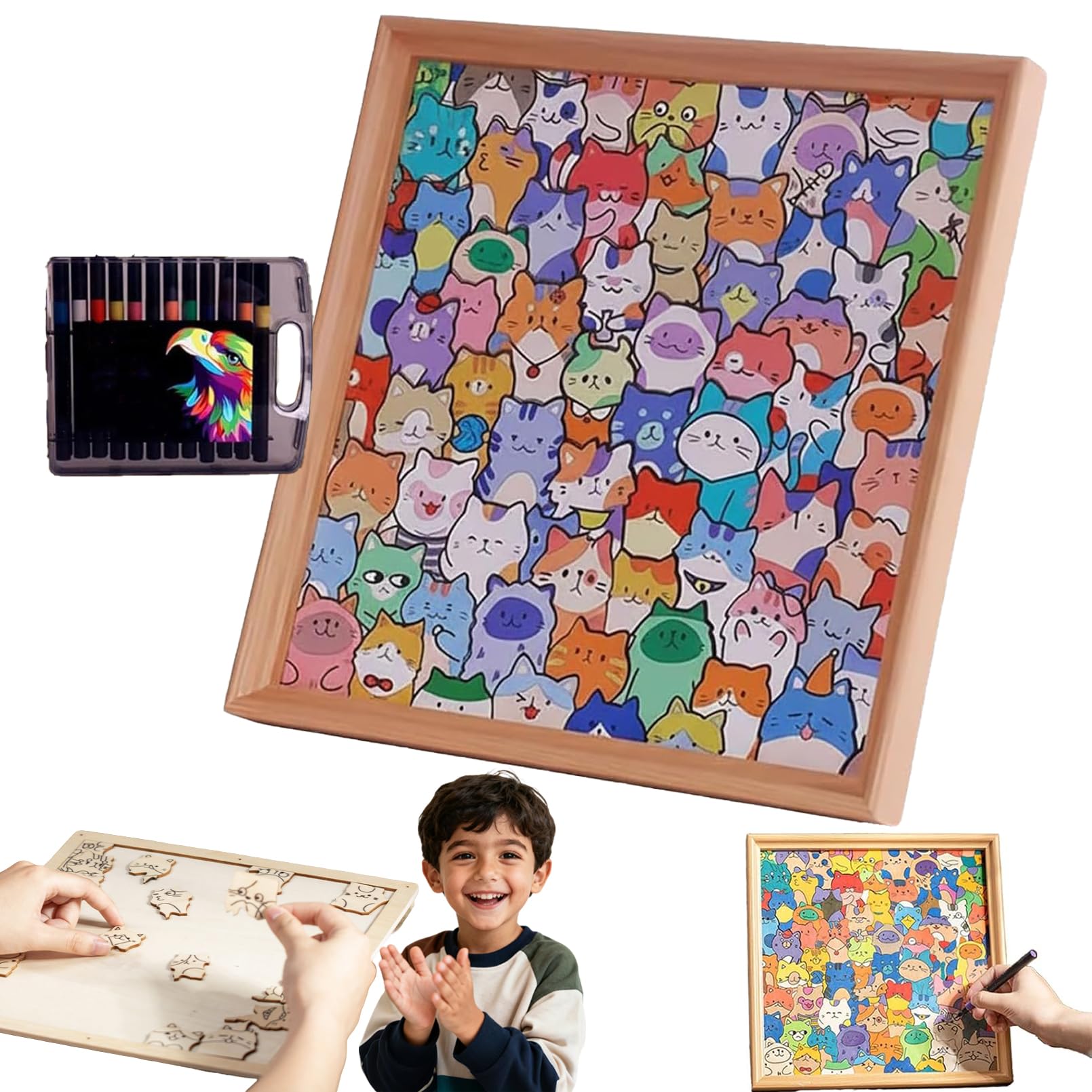 Wooden Coloring Puzzle, DIY Wooden Cat Puzzle Frame, Paintable Creative Handmade Photo Frame, Cat Puzzles Decor for Home Decoration Craft Lover (36 Colors)