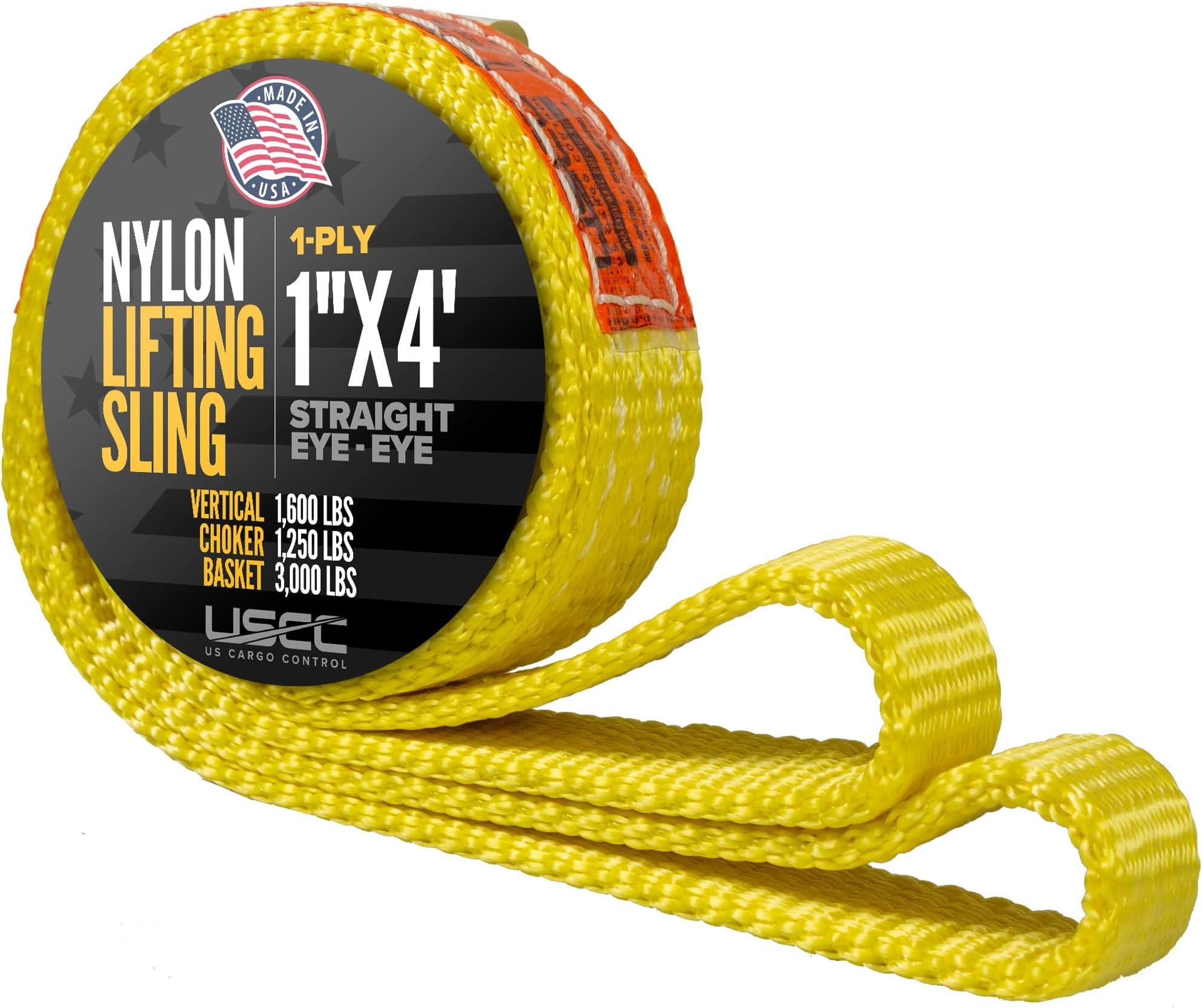 - US Cargo Control Nylon Lifting Sling 1" x 4', 1-Ply Eye to Eye Slings (Made in USA) - 1,250 LBS Choker, 1,600 LBS Vertical, 3,200 LBS Basket Capacity - Lift Straps for Lifting & Rigging