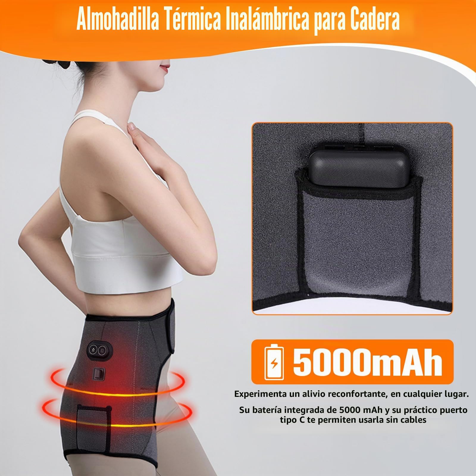 Almohadilla térmica inalámbrica para el dolor de ciática, almohadilla eléctrica para la cadera con banco de energía de 5000 mAh, 3 niveles de calor y 6 modos de masaje, almohadilla térmica de cadera