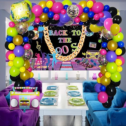 Miniatura 2 de Decoraciones de fiesta de los años 90, suministros de fiesta de cumpleaños con temática de nostalgia de los años 90, incluye telón de fondo, caja de