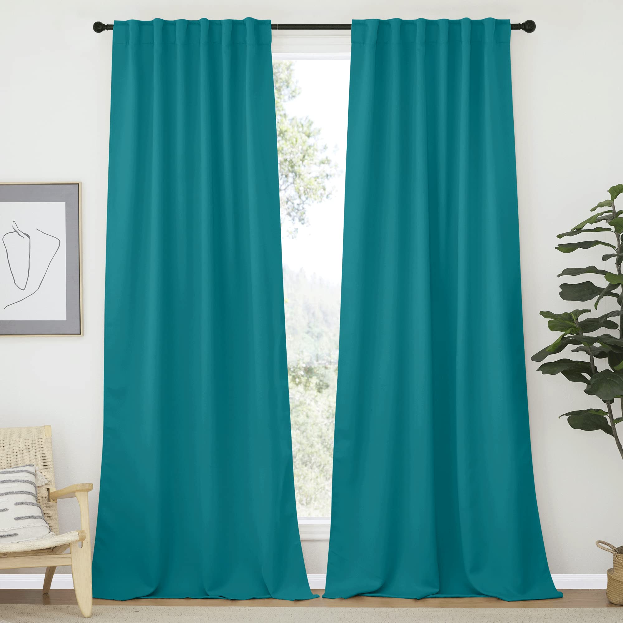NICETOWN Living Room Curtain Panels - (Peacock Teal Color) W52 x L108, 2 PCs, Back Tab/Rod Pocket Room Darkening Window Treatment Draperies