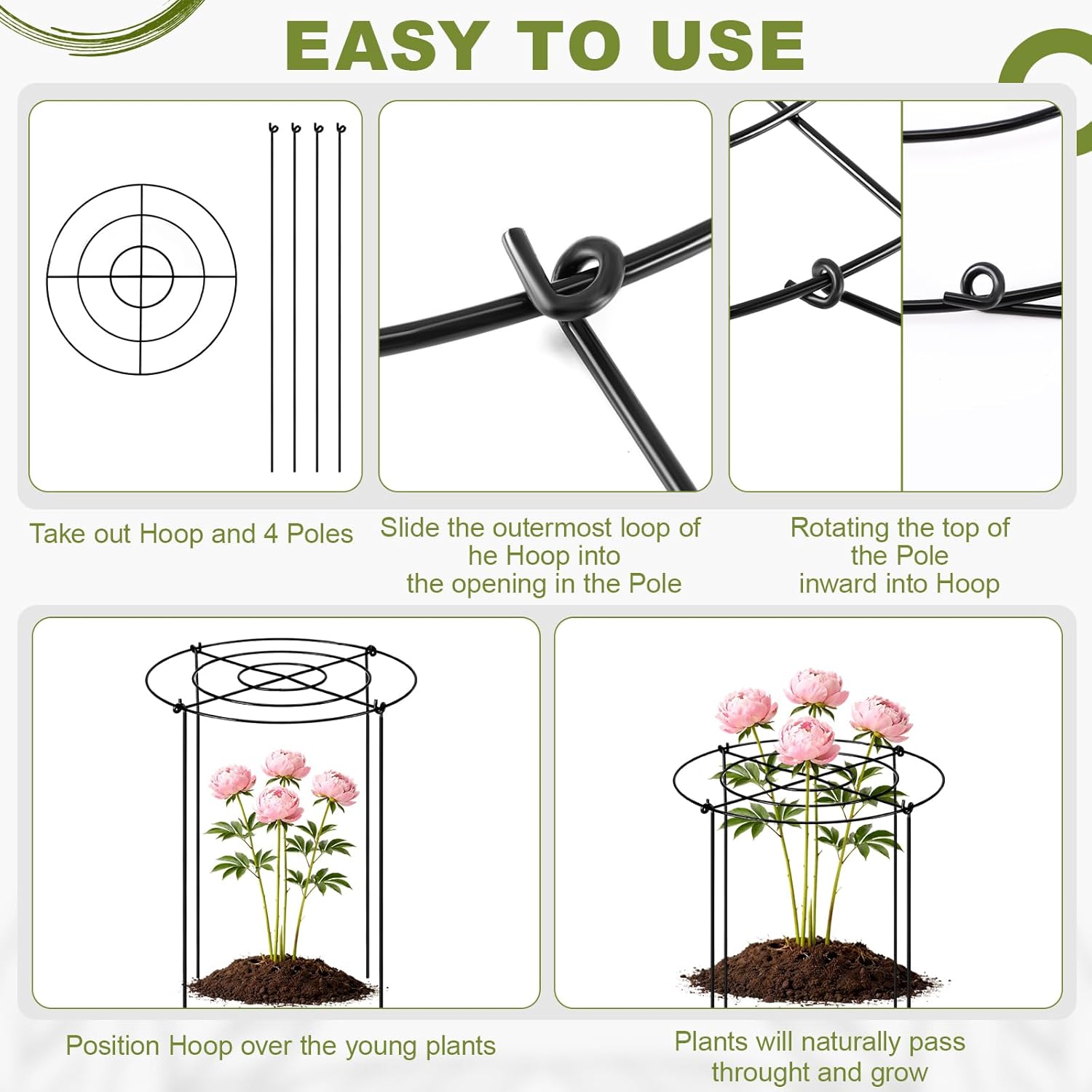 Geelin 15 Pack Peony Cages Bulk 12'' Dx 16'' H Peony Cages and Supports Heavy Duty Metal Plants Grow Through Support Rings Hoops for Outdoor Plants Flower Strawberry Tomato Strawberry(Black)