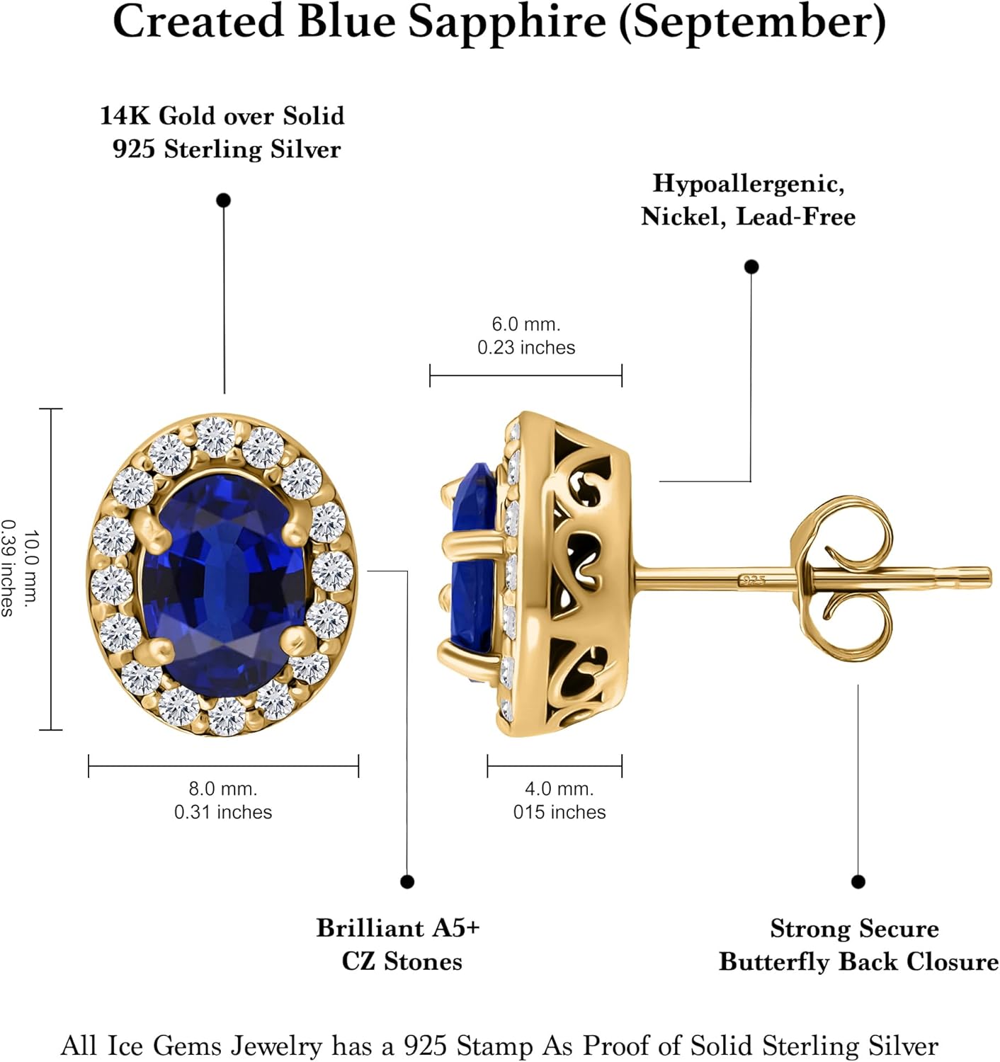 Yellow Gold Flashed Sterling Silver Created Blue Sapphire and Cubic Zirconia Accents Oval Halo Stud Earrings