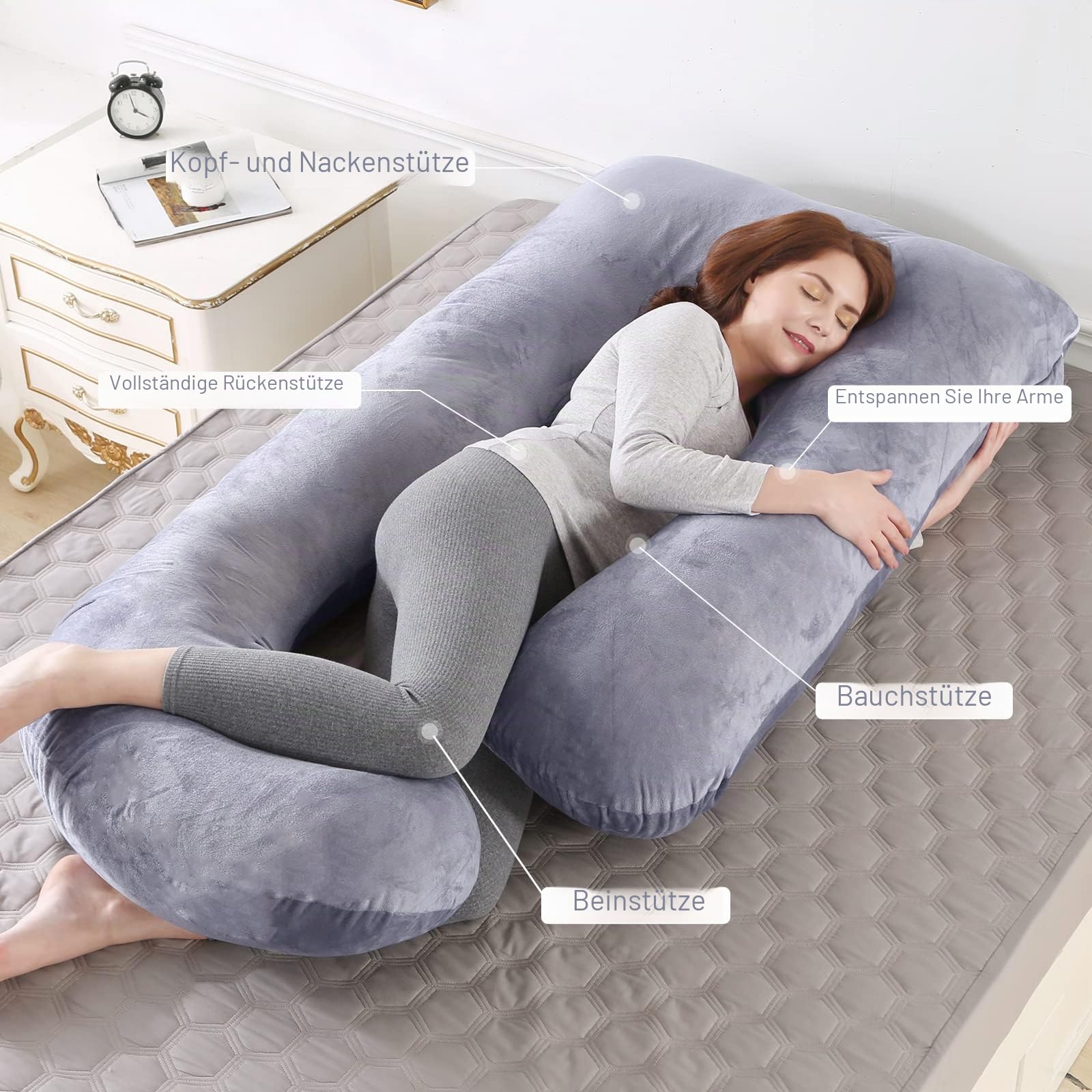 Labtec Schwangerschaftskissen, U förmiges Ganzkörperkissen, Stillkissen, J-förmiges Seitenschläferkissen, Body Pillow, Abnehmbarer Samt-Kopfkissenbezug