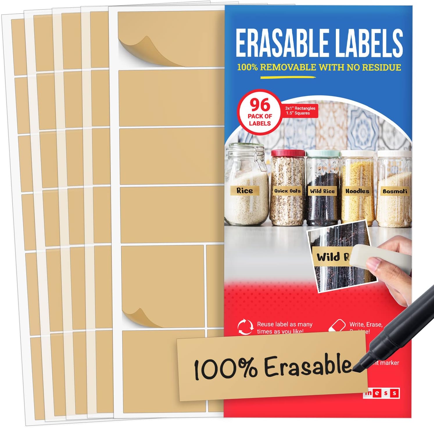 MESS Reusable Labels for Food Containers Erasable Kitchen Labels