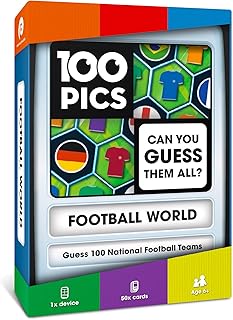 100 PICS Football World Travel Game - Identify 100 National Squads from flags and kits | Flash Cards with Slide Reveal Case | Card Game, Gift, Stocking Filler | Ages 6+