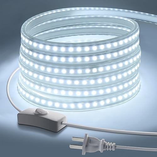 Tira de luces LED superbrillantes para exteriores, CA 110 V 6500 K, flexible, impermeable, 600 LED, tira de luz LED de 16.4 pies, color blanco para