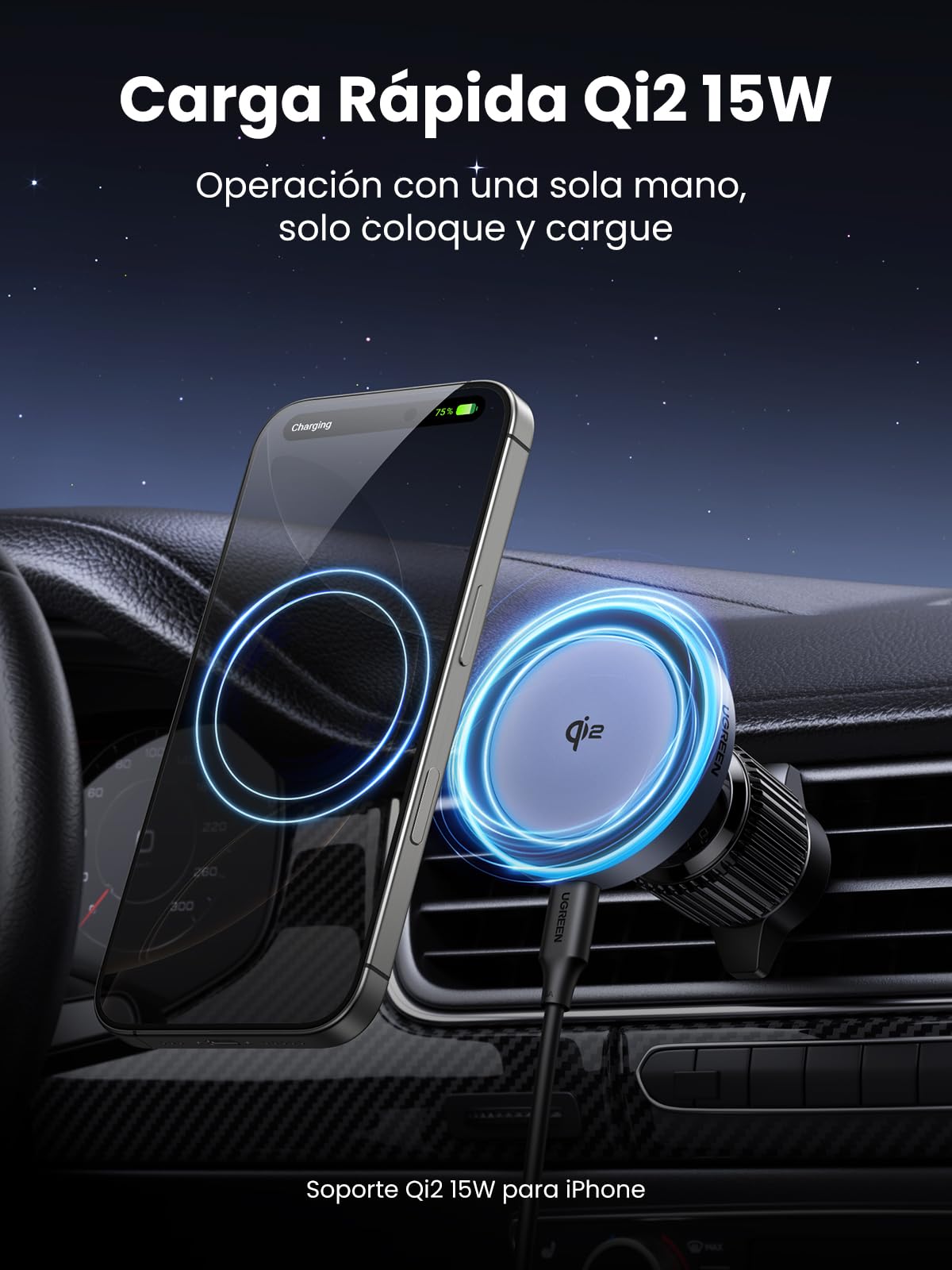 UGREEN MagFlow Cargador Inalámbrico iPhone Coche Certificación Qi2 Real 15W Carga Rápida Soporte Móvil Coche Magnético Compatible con MagSafe iPhone 17 16 15 14 13 12 Pro MAX Air Plus