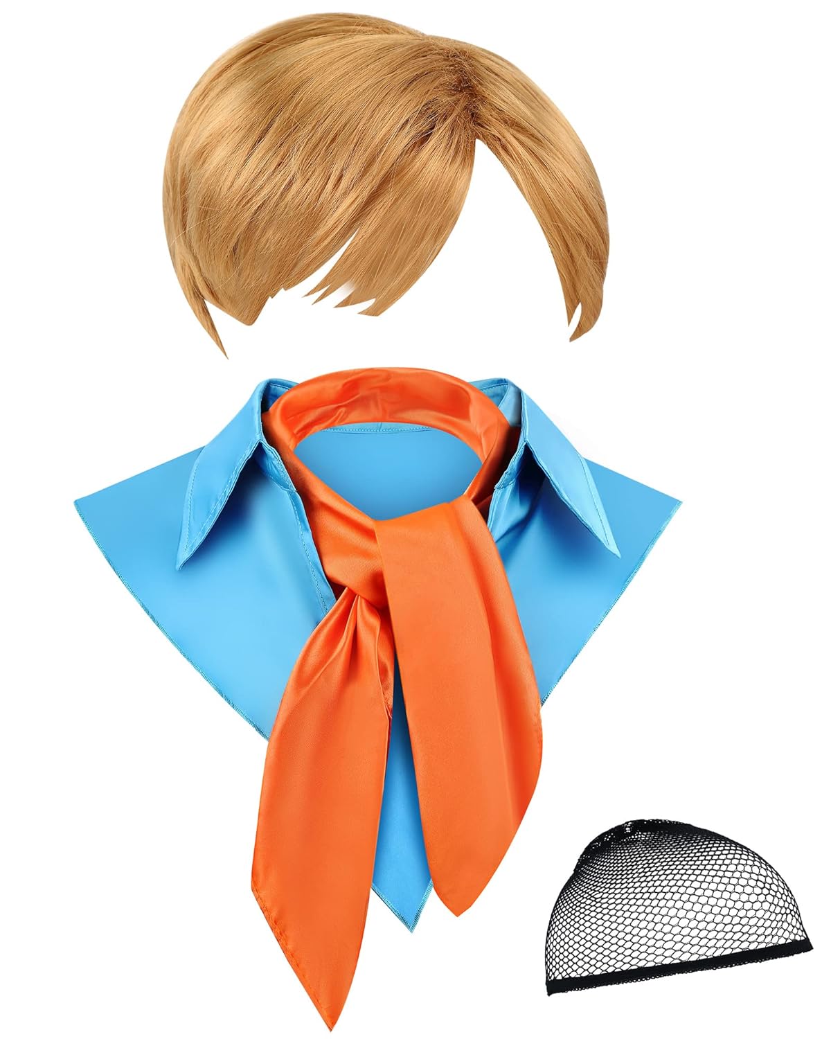 Halloween Deluxe Costume for Adult Fake Collar Detachable Dickey Collar Orange Square Neck Scarf Synthetic Short Wigs with Mesh Net Wig Caps Cosplay