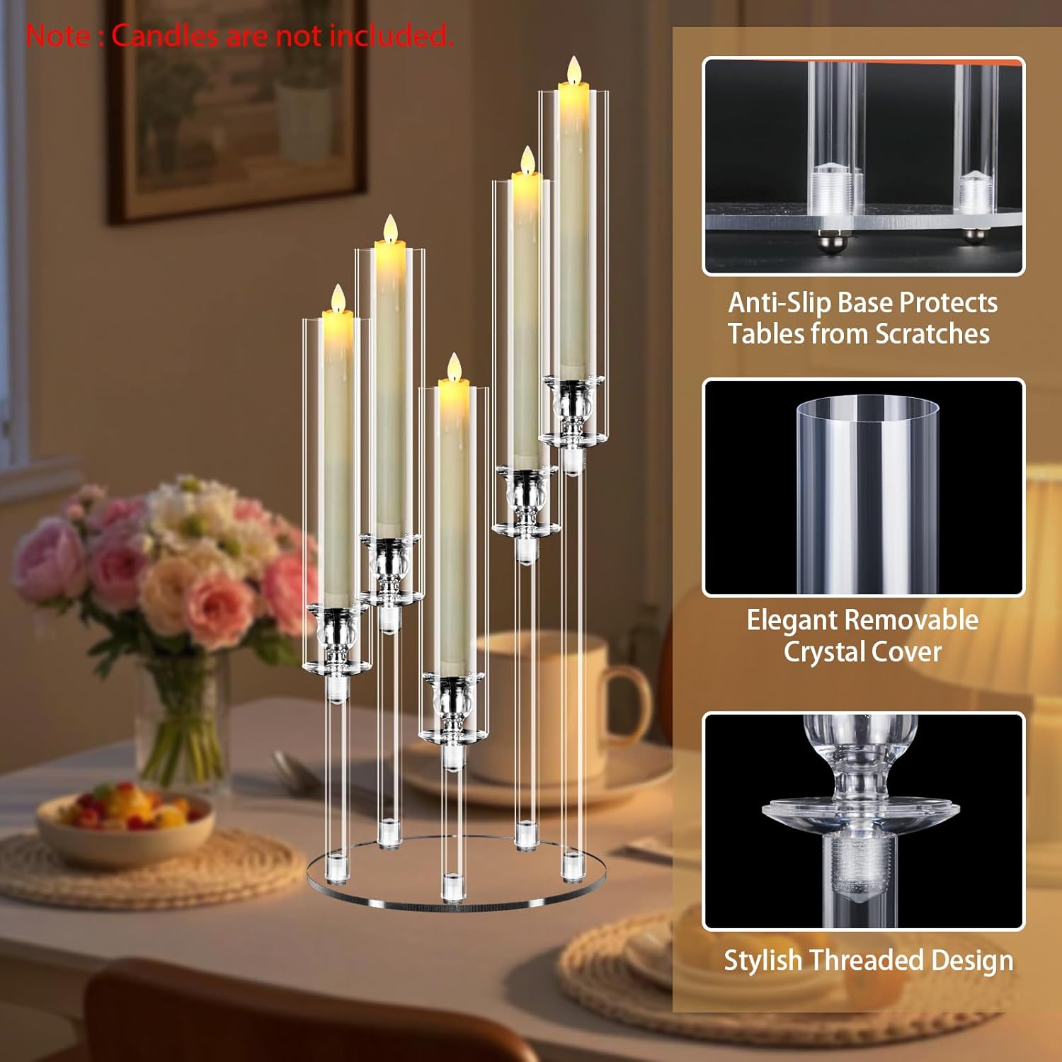 6 Sets 5 Arms Acrylic Candelabra Centerpieces for Tables,Clear Candle Holder for Wedding,Ceremony Dinner Party, 22.8" Tall Candlestick Holders with Lampshade,Fit LED Candle