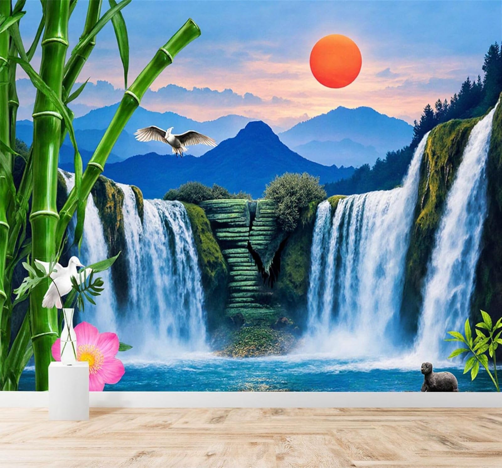 Xlming 150Cm×105Cm(B×H) Bamboo Waterfall Sunrise Mountains Birds Lotus 3D Wallpaper Silky Texture Home Study Office Grey Dining Room Sofa Bedroom Living Room Tv Backdrop-150Cm×105Cm