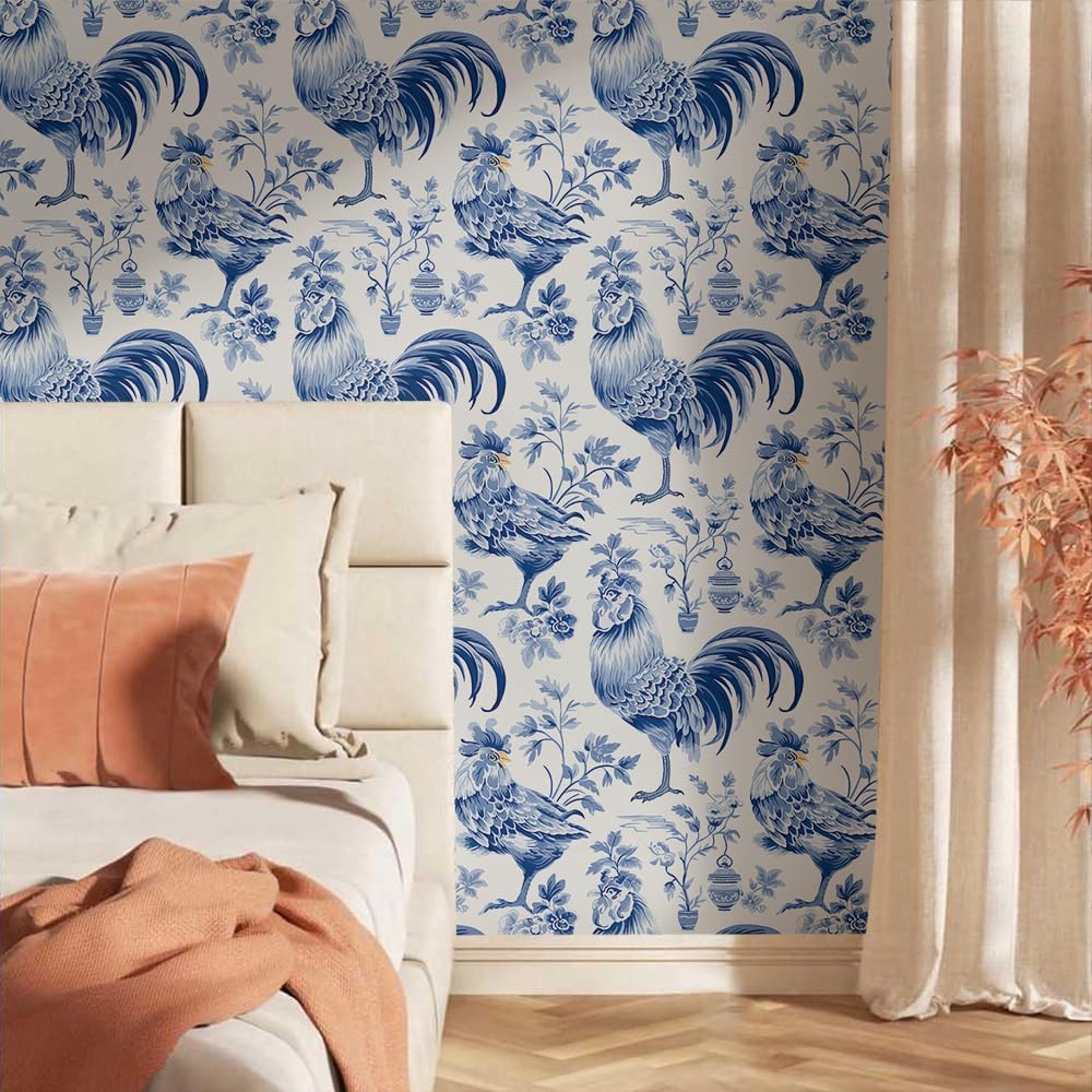 18"x236" Blue White Vintage Animals Rooster Peel and Stick Self Adhesive Wallpaper Removable Contact Paper Stick on Easy Peel Off Wall Paper for Kitchen Bedroom Bathroom Renter