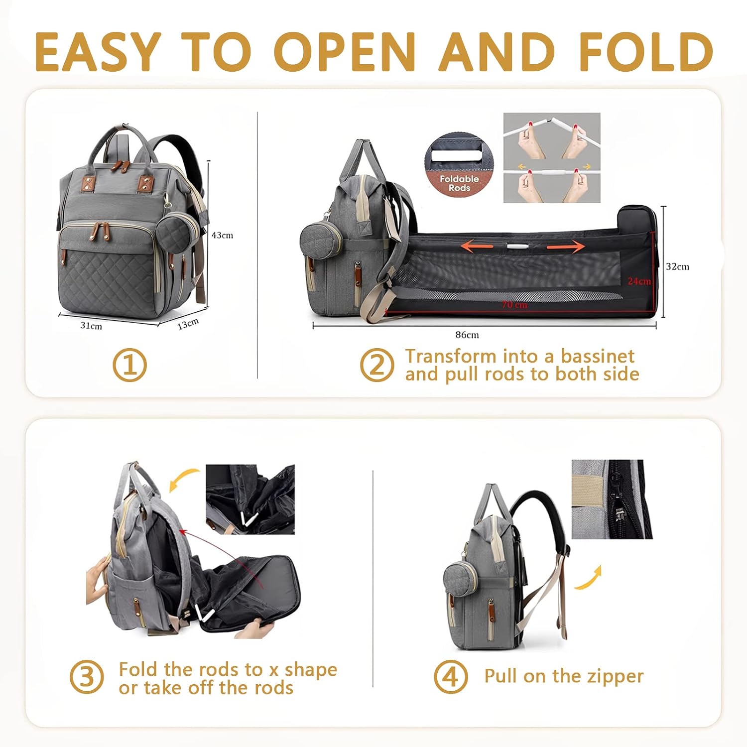 GurZinn Baby Diaper Bag Backpack with Changing Station Travel Waterproof 3 in 1 Foldable Pad Unisex Grey