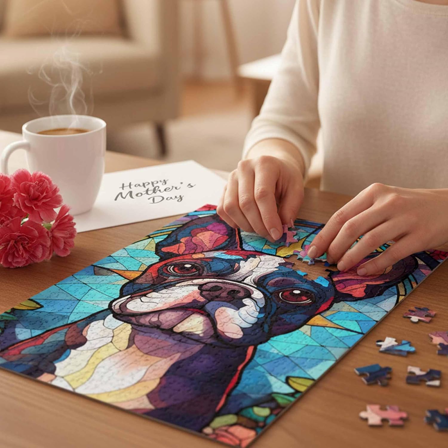 Wooden Jigsaw Puzzle 1000 Pieces for Adults - Boston Terrier Stained Glass Jigsaw Puzzles 1000 Pieces Dogs Art, 29.5 x 19.7 Inch Large Puzzle with Letters On Back, Stress Relief Toys Adult