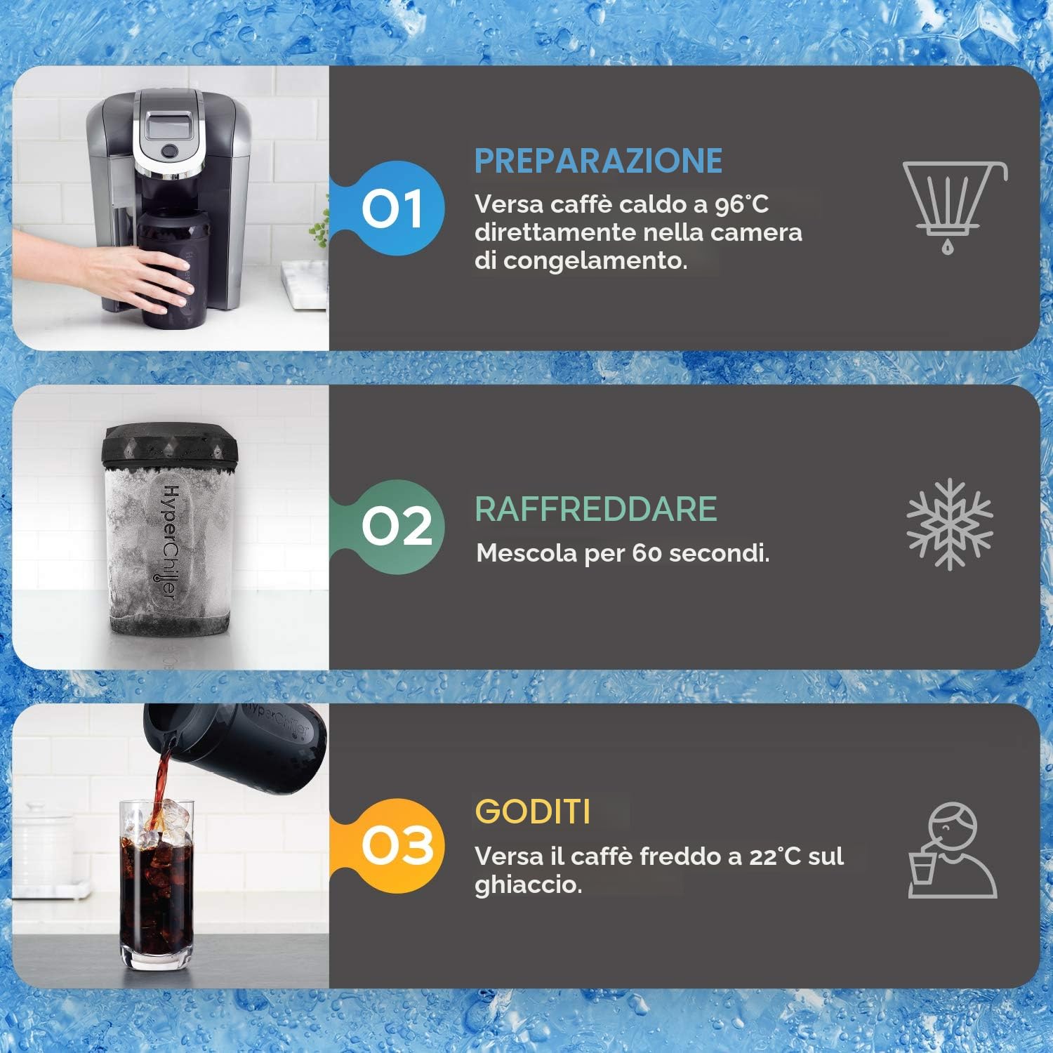 HyperChiller HC3 refrigeratore per caffè/bevande brevettato, NUOVO, MIGLIORATO, PIÙ FORTE E PIÙ DUREVOLE! Pronto in un minuto, riutilizzabile per tè freddo, vino, liquori, alcol, succhi, 12,5 Oz, Nero