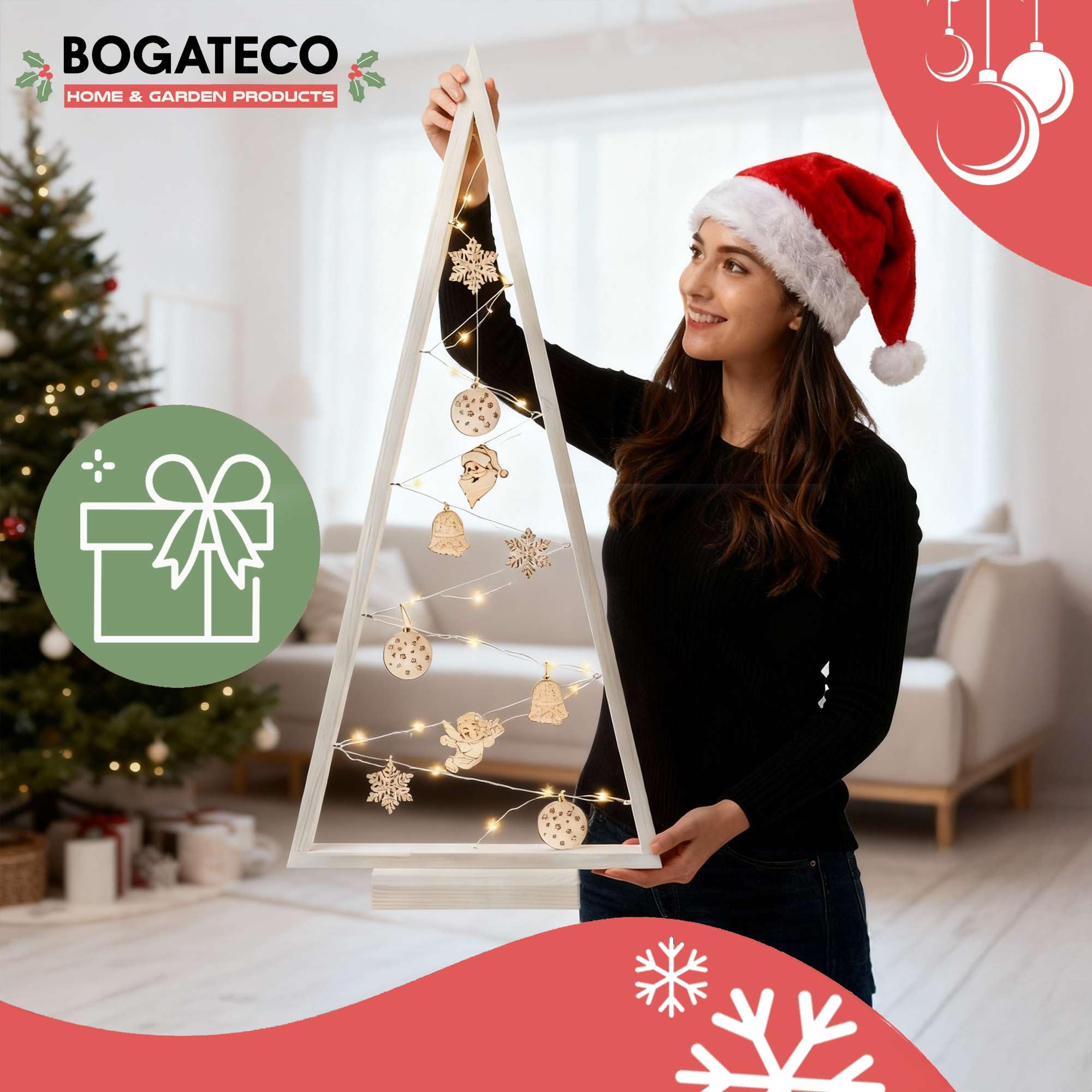 BOGATECO Albero di Natale in legno con illuminazione LED 104 cm di altezza | Decorazione in legno inclusa | Decorazioni natalizie | 30 LED |