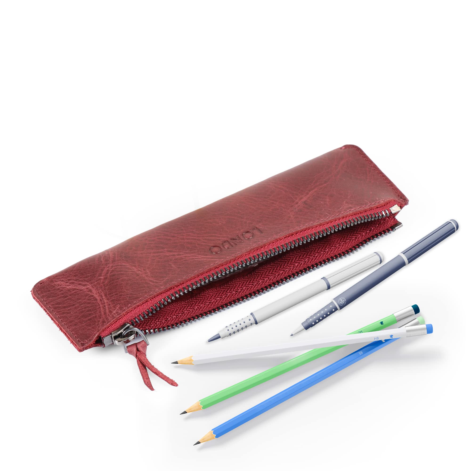 LONDO Genuine Leather Pen Case with Zipper Closure, Pencil Pouch Stationery Bag, Maroon - Image 2
